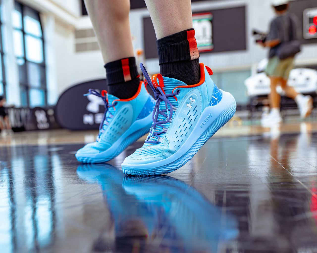 A pair of blue sneakers
