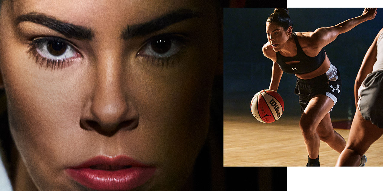 deux photos - l’une de Kelsey Plum regardant droit dans l’appareil photo et l’autre de Kelsey Plum faisant rebondir un ballon de basket
